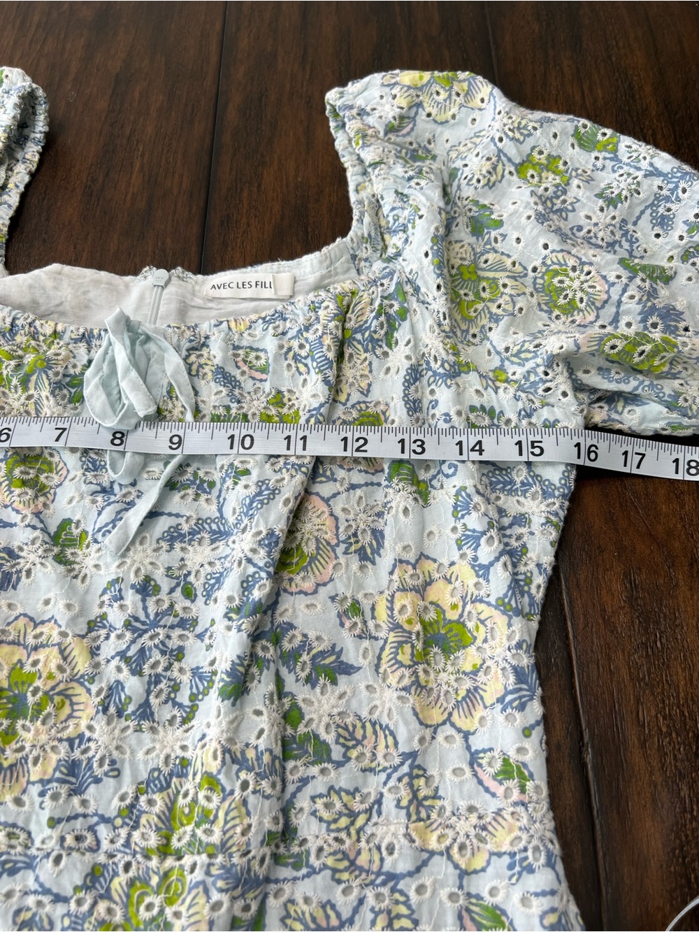 Avec Les Filles Baby Blue Floral Eyelet Lace Puff Sleeve Mini Peasant Dress XS - Picture 8 of 9